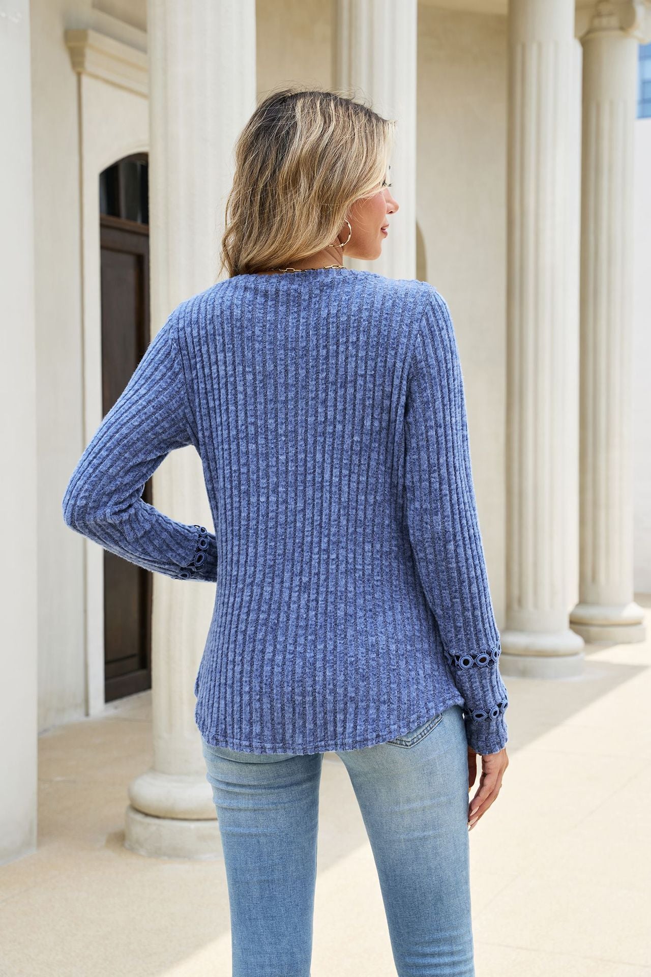 Solid V Neck Waffle Knit Top Lace Sleeve Pullover