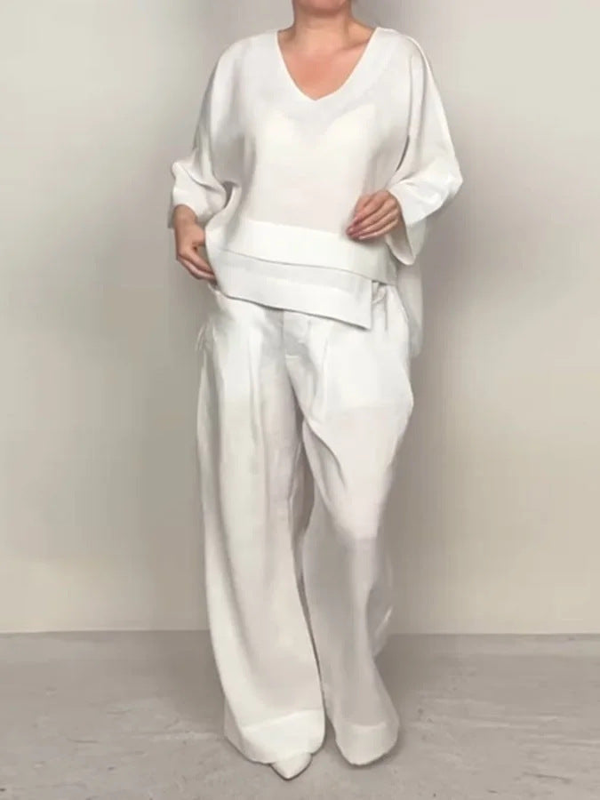 Plus Size Asymmetric Solid Matching Set Wide Leg Pants