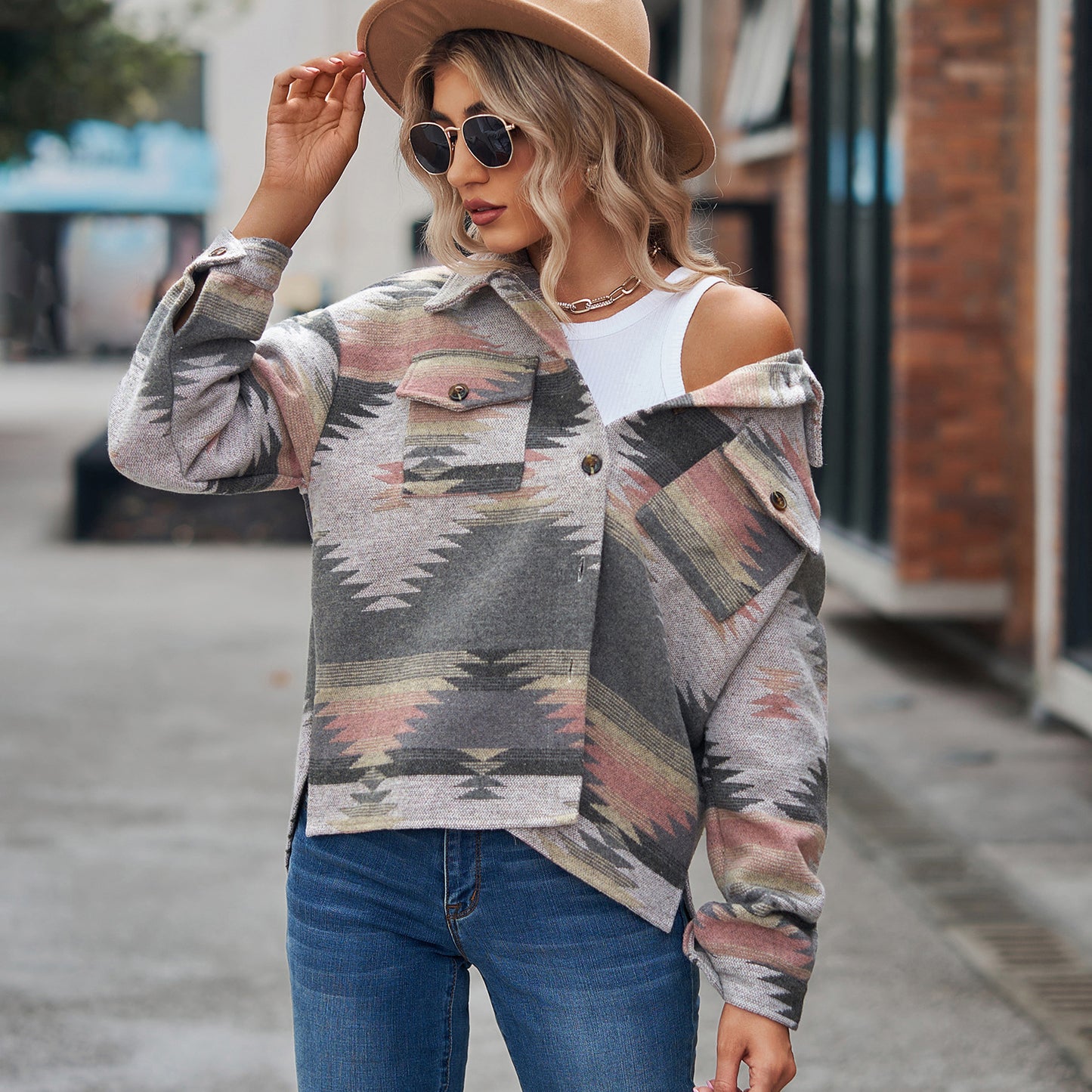 Women's Aztec Shacket Oversized Button Front Jacket