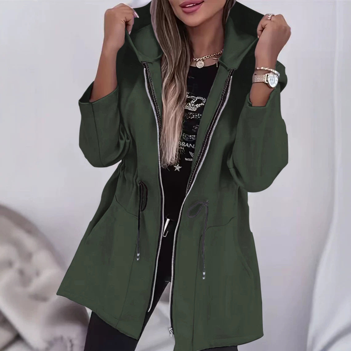 Women's Hooded Drawstring Waist Zip-Up Mid Length Jacket