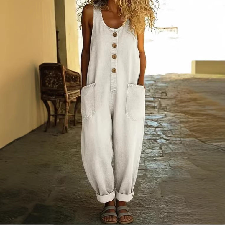 Women's Vintage Wash Denim Overalls Sleeveless Wide Leg