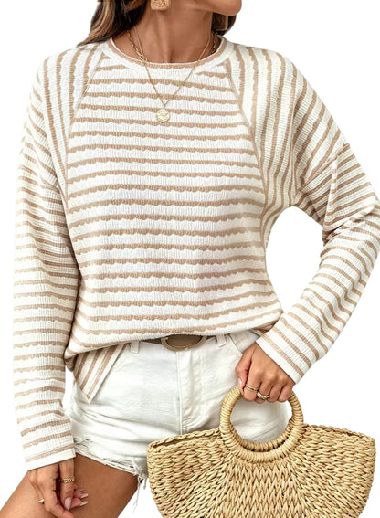 Textured Striped Long Sleeve Pullover Casual Knit Top