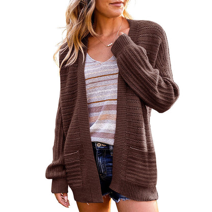 Women's Open Front Balloon Sleeve Cardigan with Pockets