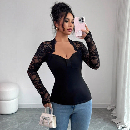 Lace Patchwork Long Sleeve Slim Fit Square Neck Top