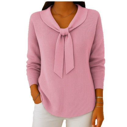 Women's Bow Collar Ribbed Knit Sweater Long Sleeve Pullover