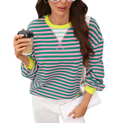 Women's Oversized Striped Contrast Crewneck Sweatshirt