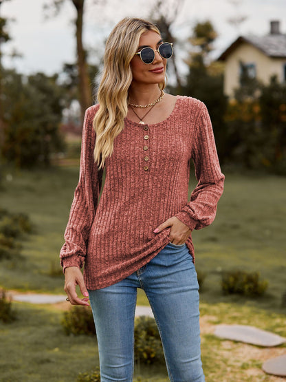Ribbed Button Front Long Sleeve Knit Top for Women