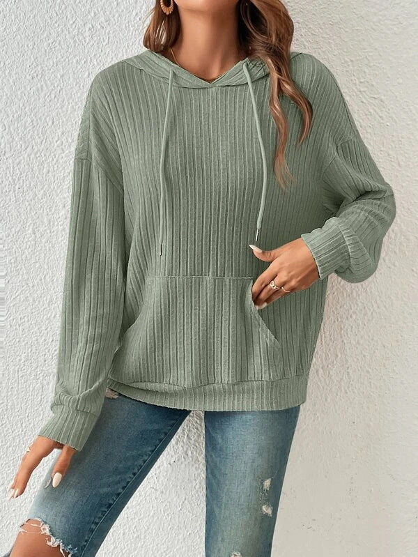 Cozy Ribbed Knit Hoodie with Kangaroo Pocket
