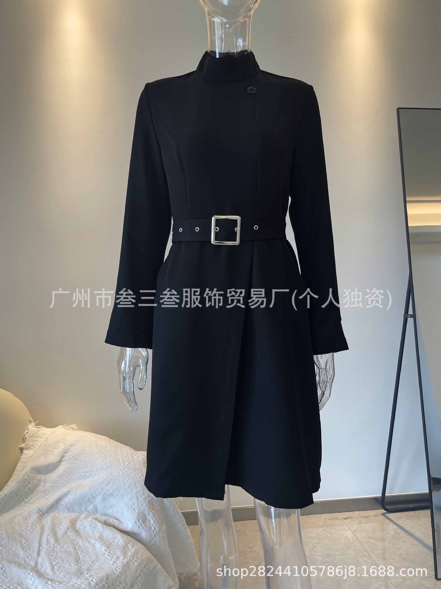 Women Mock Neck Long Sleeve Zip Front Belted A-Line Dress