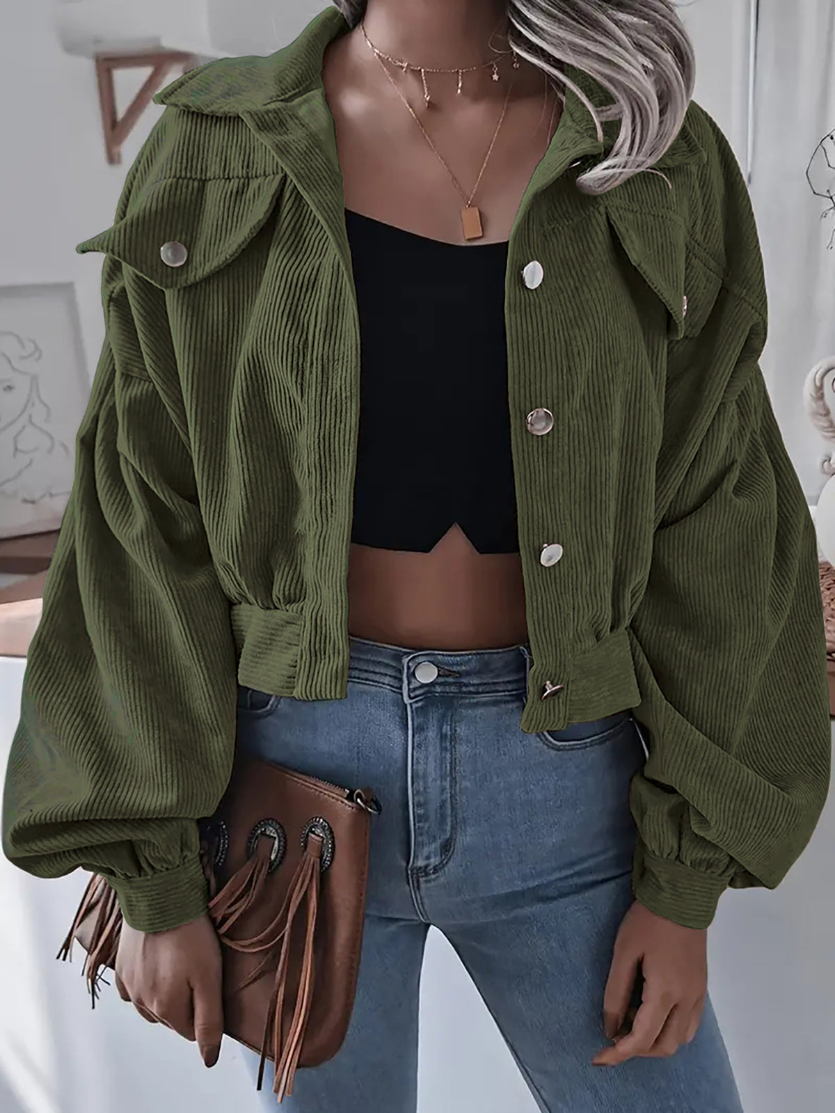 Womens Corduroy Cropped Jacket Balloon Sleeve Oversized