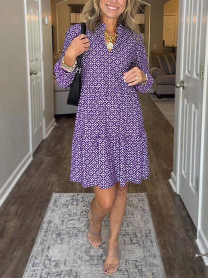 Women's Geometric V-Neck Midi Dress 3/4 Sleeve Flowy Casual