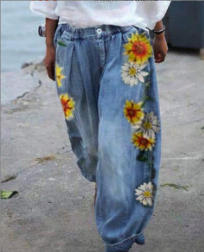 Women's Embroidered Denim Harem Pants Boho Floral Jeans
