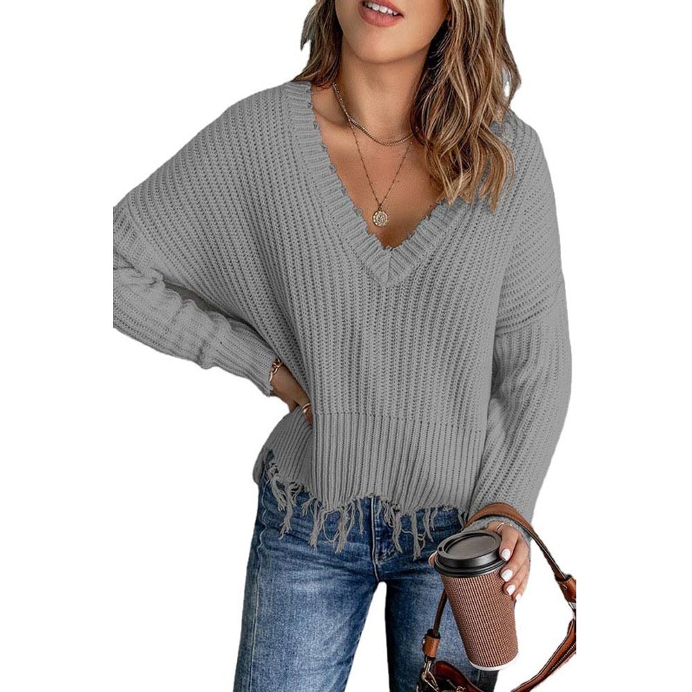 Women's Oversized V Neck Frayed Hem Knit Sweater