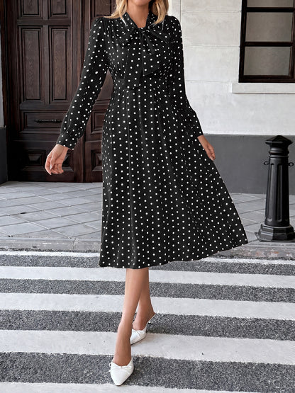 Polka Dot Bow Tie Long Sleeve A-Line Midi Dress