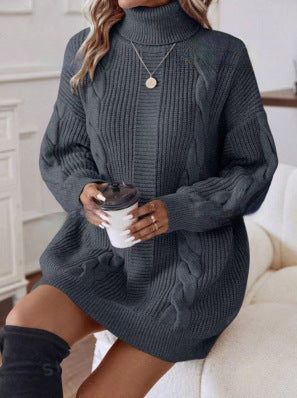 Women's Turtleneck Cable Knit Bodycon Sweater Dress