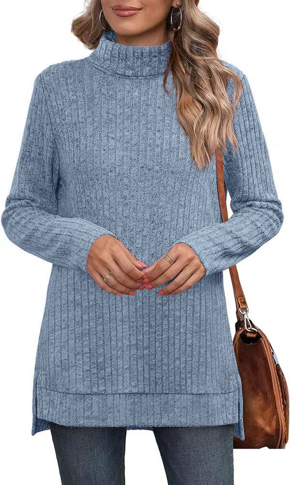 Oversized Ribbed Turtleneck Tunic Top Side Split