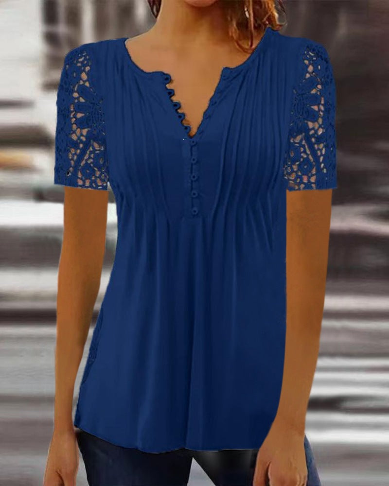 Women's Lace Sleeve Pleated V-Neck Blouse