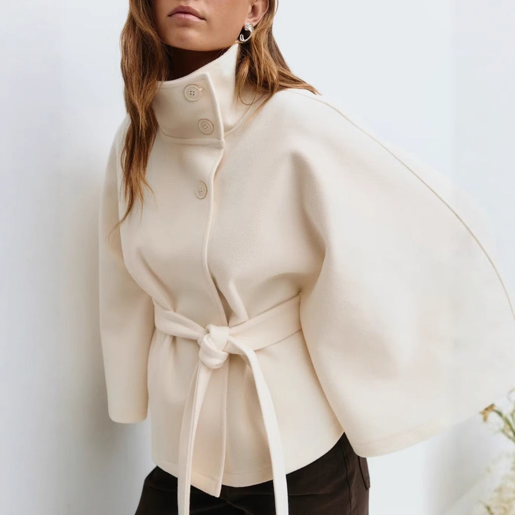 Women's Belted Cape Coat Mock Neck Batwing Jacket