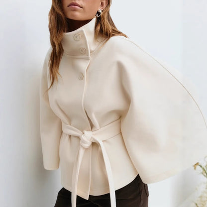 Women's Belted Cape Coat Mock Neck Batwing Jacket