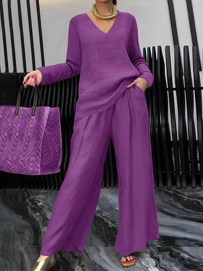 Women's Casual V Neck Wide Leg Pants Matching Set Plus Size