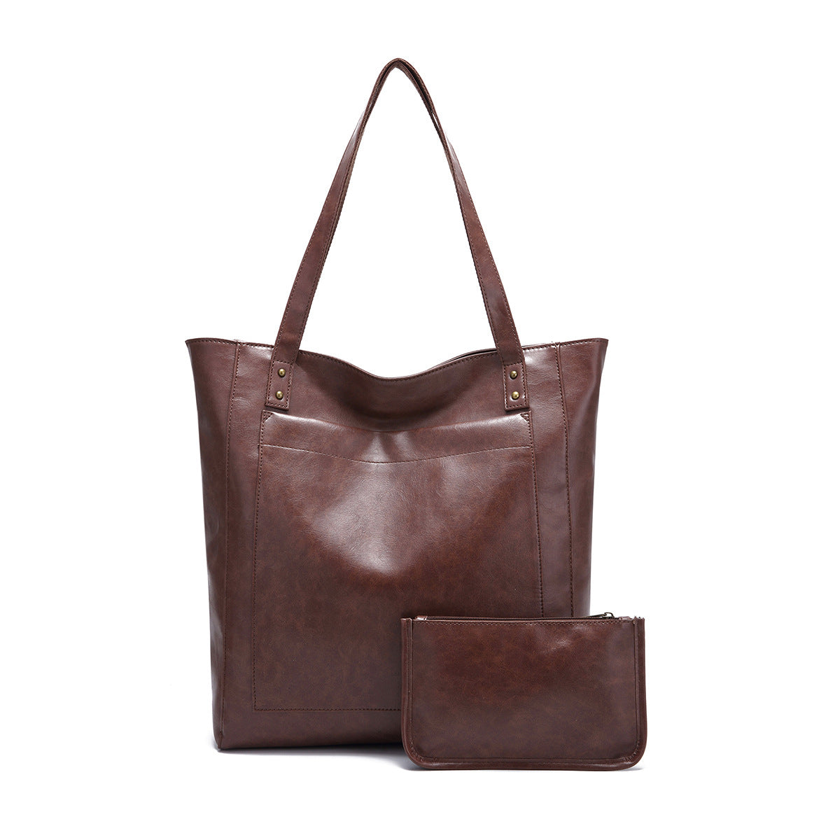 Vintage Soft Leather Tote Bag Set with Zip Pouch, Large Capacity