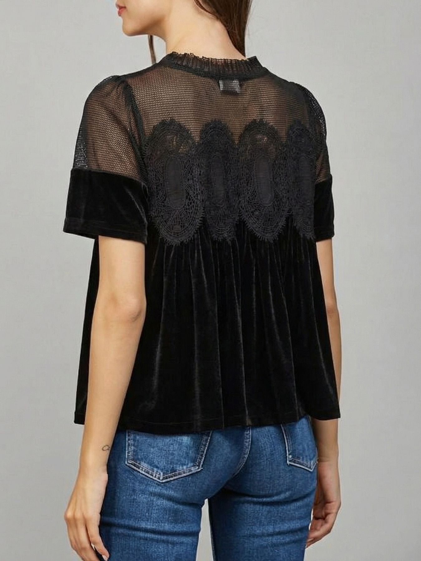 Velvet Top with Lace & Embroidered Trim Gold Velvet Puff Sleeve Blouse