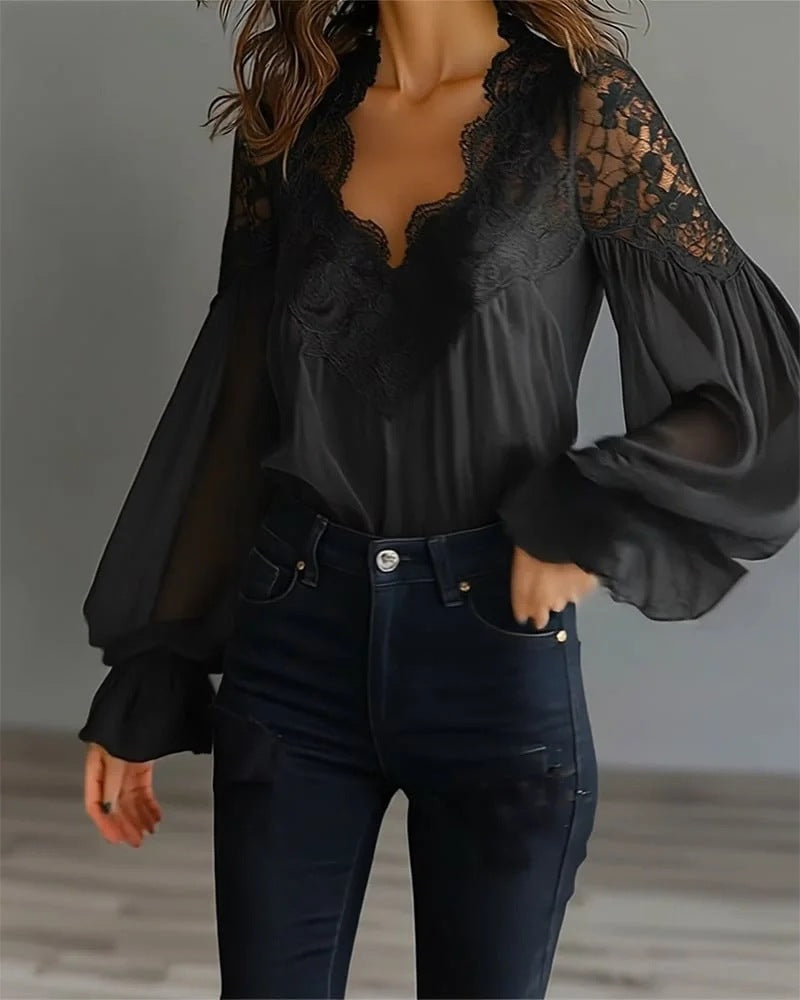 Women's Lace V-Neck Puff Sleeve Pleated Blouse