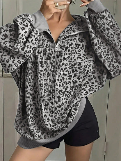 Leopard Print Oversized Quarter Zip Pullover Sweatshirt