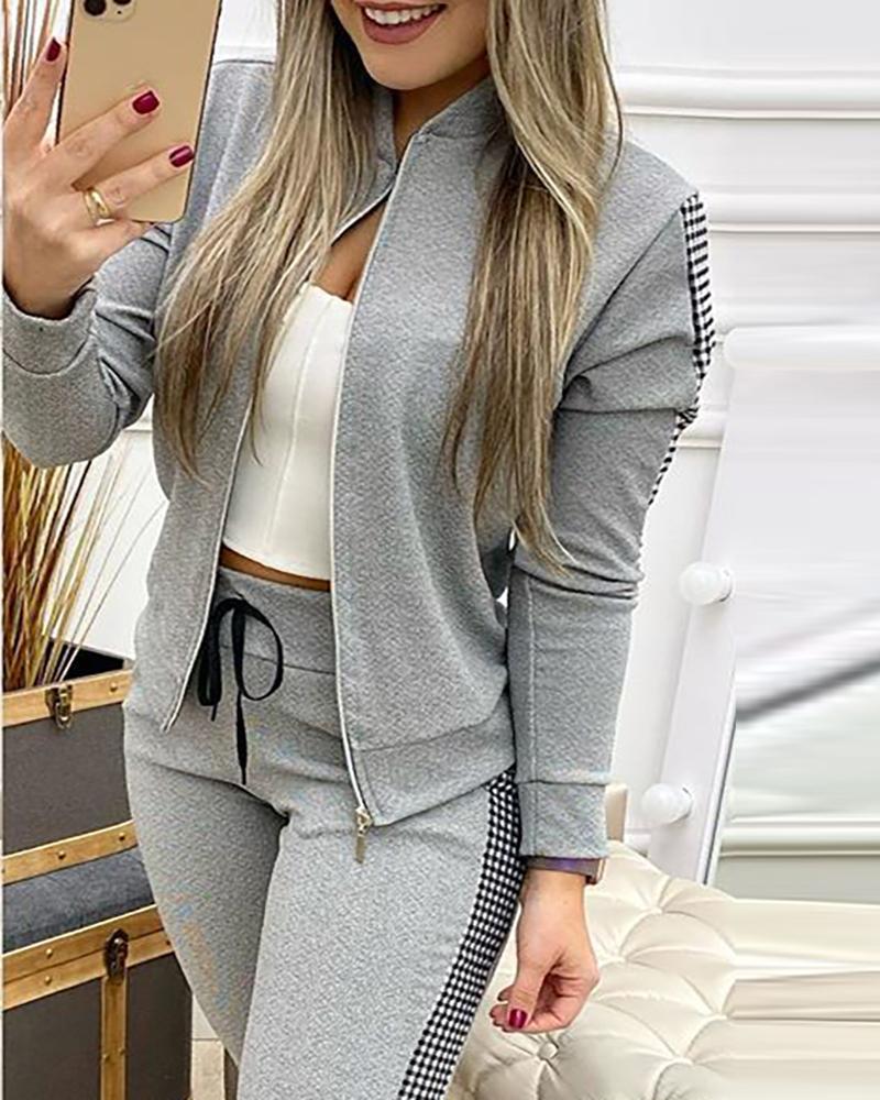 Women's Houndstooth Patchwork Zip-Up Tracksuit Set