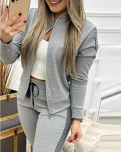Women's Houndstooth Patchwork Zip-Up Tracksuit Set