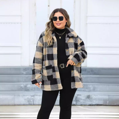 Plus Size Women's Plaid Thickened Plush Lapel Coat