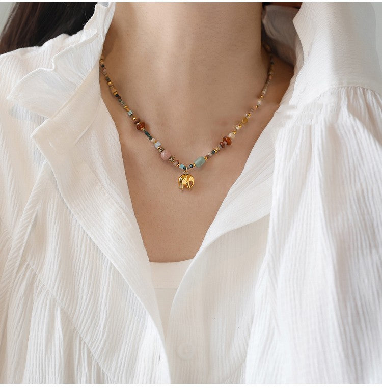 Boho Natural Stone Beaded Elephant Choker Necklace