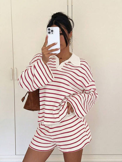 Striped Polo Lounge Set Long Sleeve Top & Shorts Set