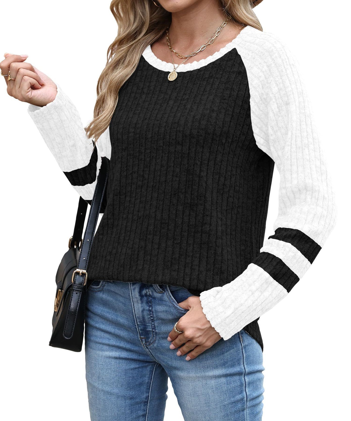 Colorblock Ribbed Knit Sweater Women Casual Pullover Top