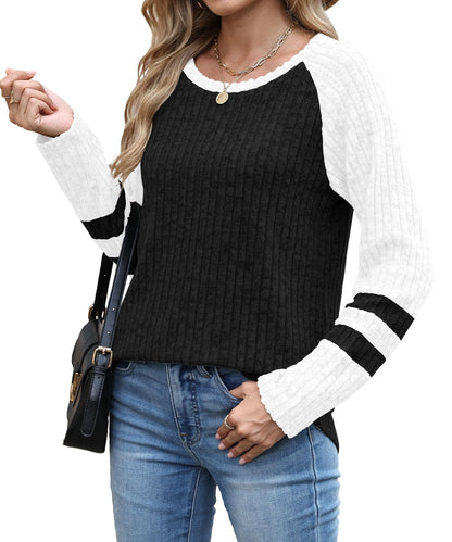 Colorblock Ribbed Knit Sweater Women Casual Pullover Top
