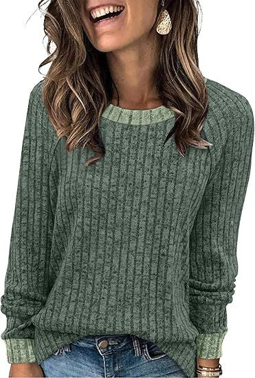Women's Soft Ribbed Contrast Trim Long Sleeve Crew Neck Top