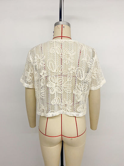 Women's Boho Tie Front V-Neck Short Sleeve Lace Cardigan
