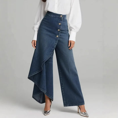 Women's Asymmetric Button Front Wide Leg Denim Pants