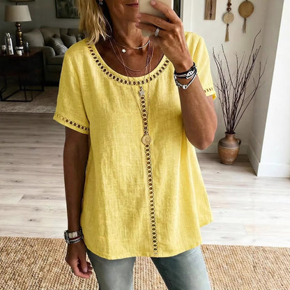 Cotton Blend Top Lace Trim Cutout Short Sleeve Shirt