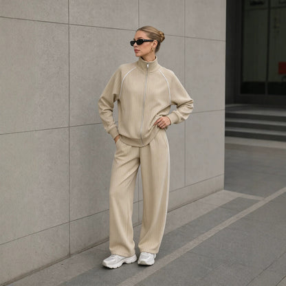 Women's Striped Zip Up Jacket Wide Leg Pants 2 Piece Set