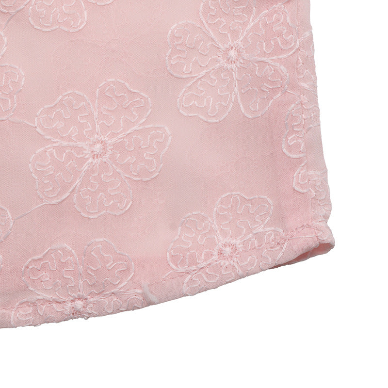 Pink Floral Jacquard Puff Sleeve Blouse Pearl Neck Top