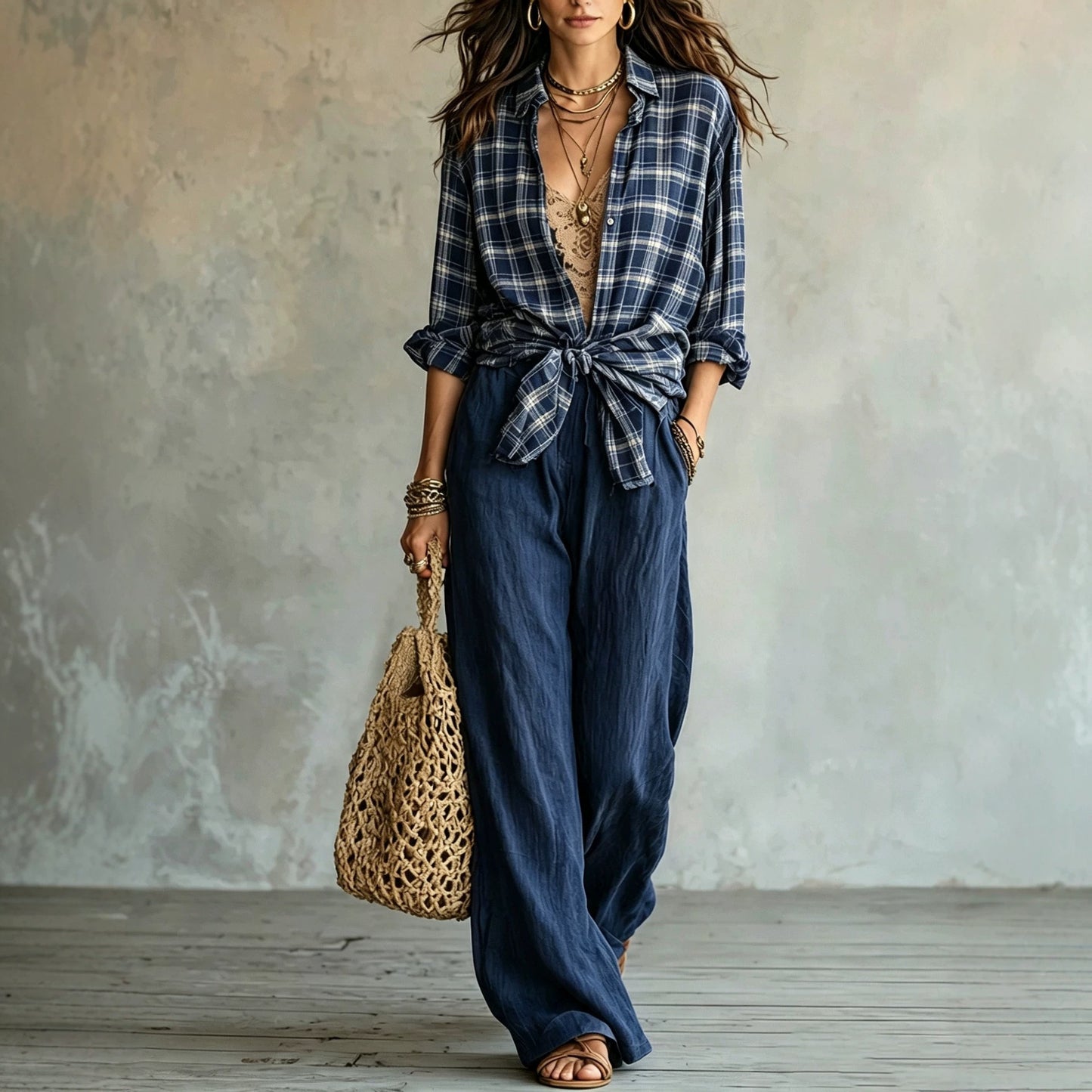 Women's Plaid Shirt & Wide Leg Pants Matching Set