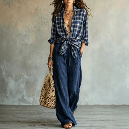 Women's Plaid Shirt & Wide Leg Pants Matching Set