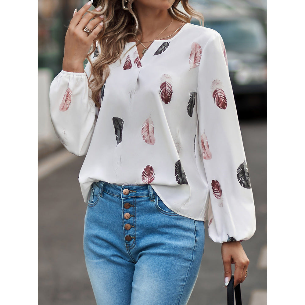 Feather Print V Neck Chiffon Blouse Long Sleeve Top