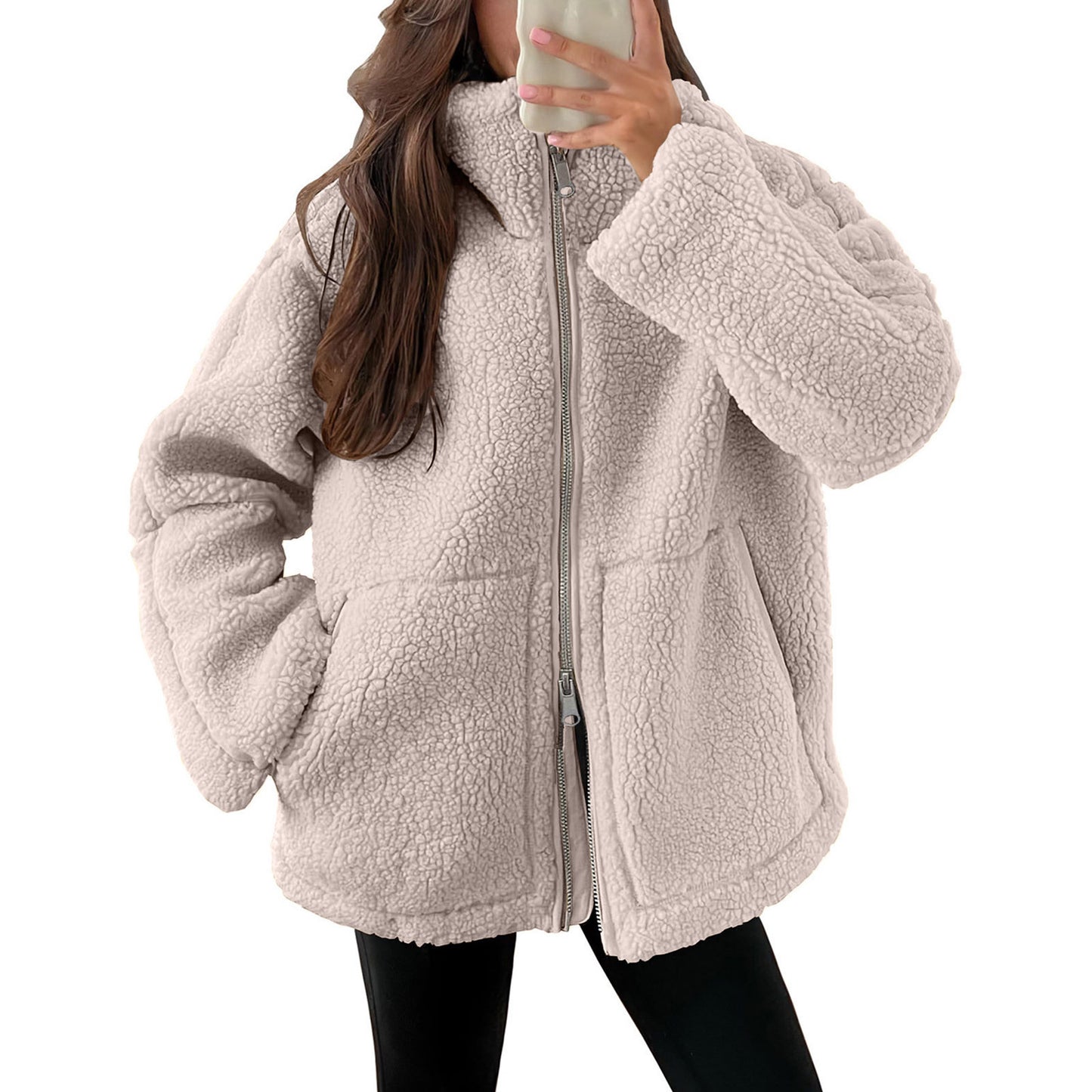 Women's Sherpa Fleece Zip Jacket Oversized Cozy Coat