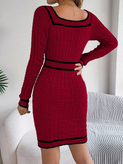 Elegant Buttoned Square Neck Long Sleeve Sweater Dress