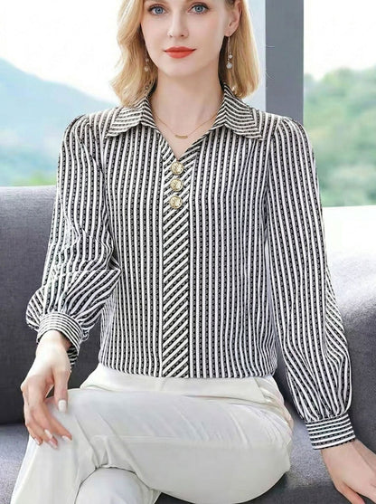 Women's Striped V Neck Collared Long Sleeve Blouse