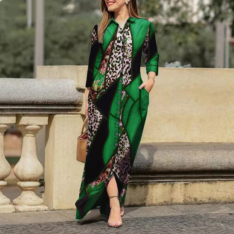 Women's Leopard Maxi Shirt Dress Long Sleeve Plus Size