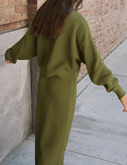 Women's Knit Two Piece Set Mock Neck Sweater Midi Skirt