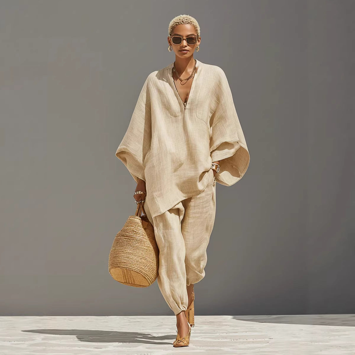 Women's Linen Blend Batwing V-Neck Two Piece Set